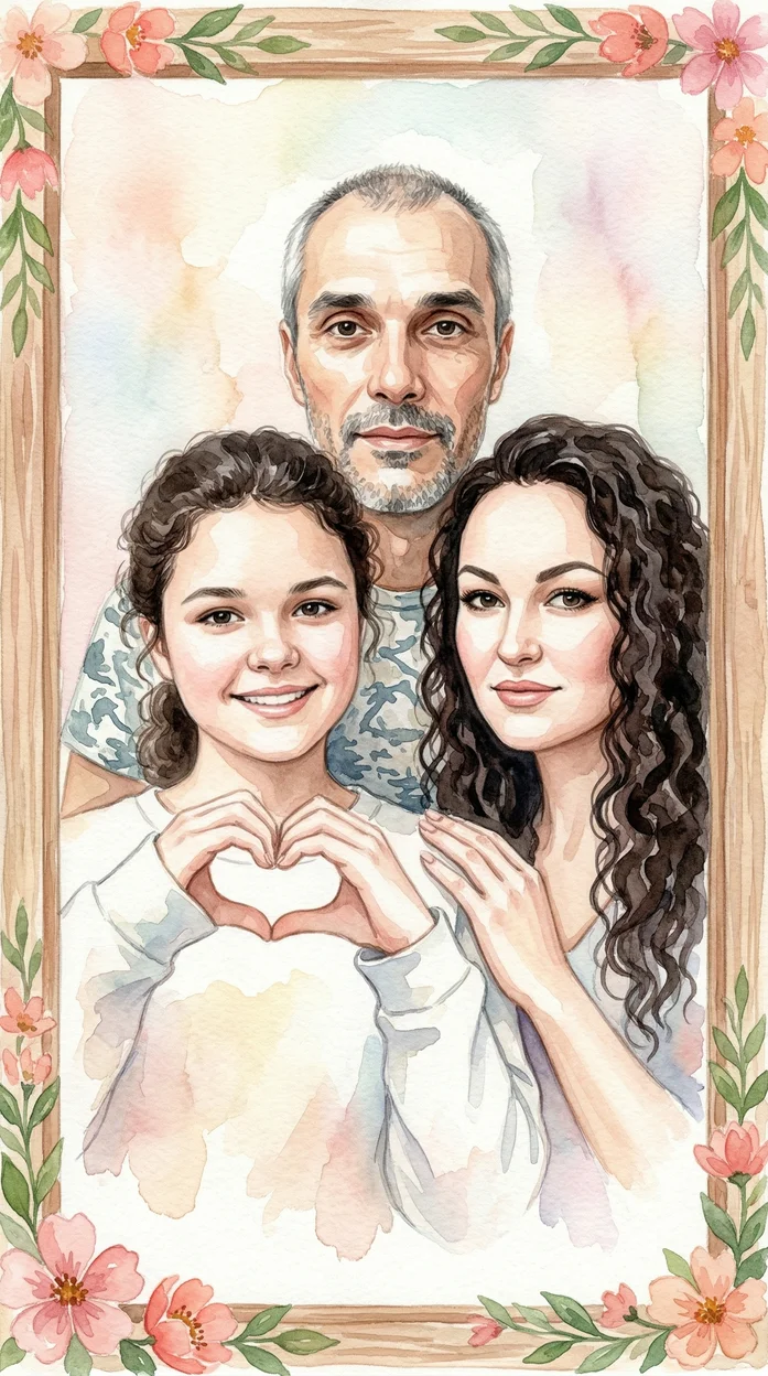 Семейный портрет в акварельном стиле с цветочной рамкой