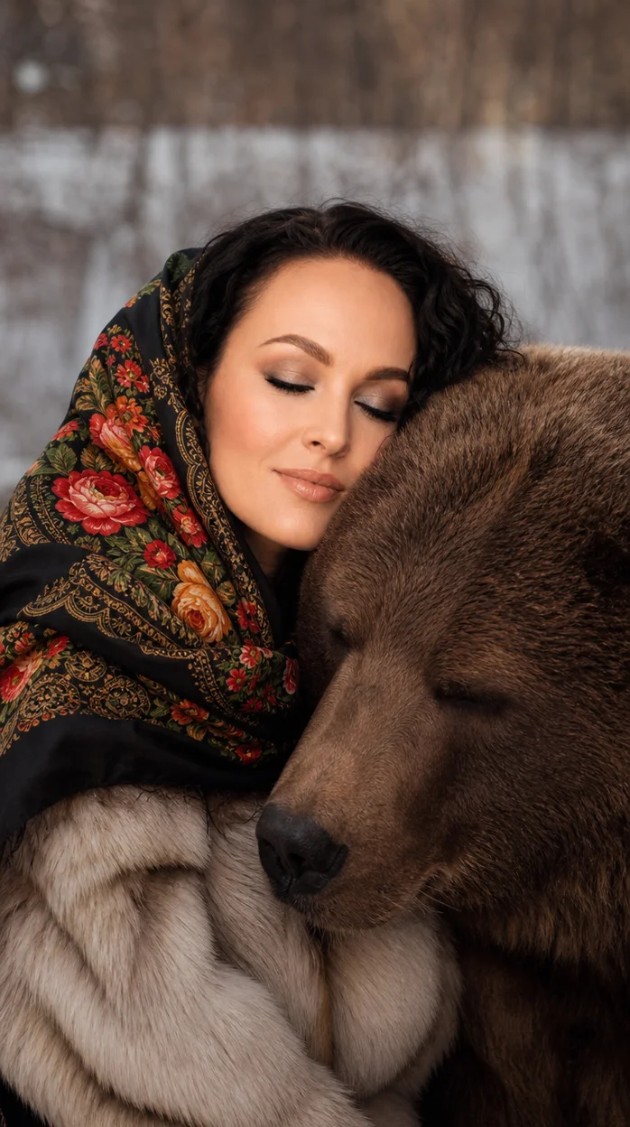 Фотосессия в русском стиле с платком и медведем