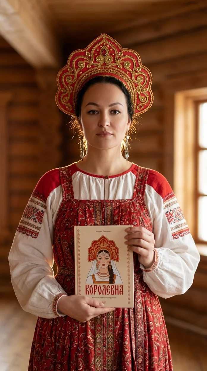 Женщина в деревянном интерьере в красном сарафане с кокошником КОРОЛЕВНА 