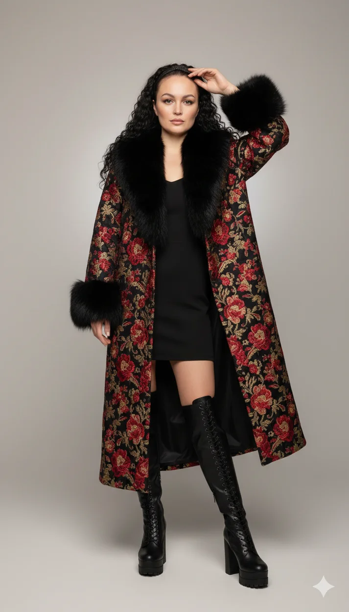 Женщина в студии в вышитом пальто с мехом