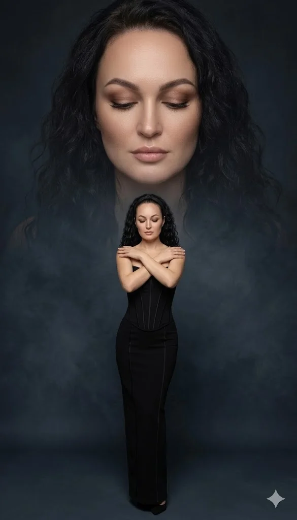 Женщина в чёрном корсетном платье стоит на тёмном студийном фоне портрет 