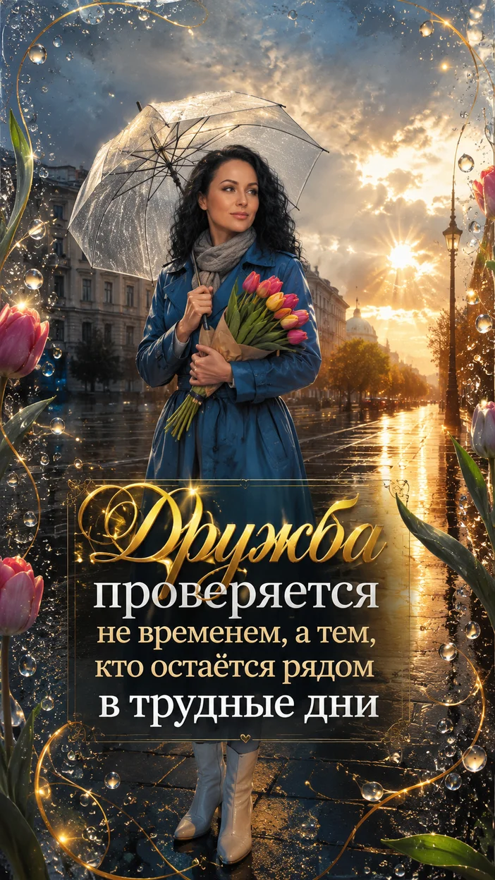 Фотооткрытка для друга с текстом "Дружба проверяется не временем, а тем, кто остаётся рядом в трудные дни"
