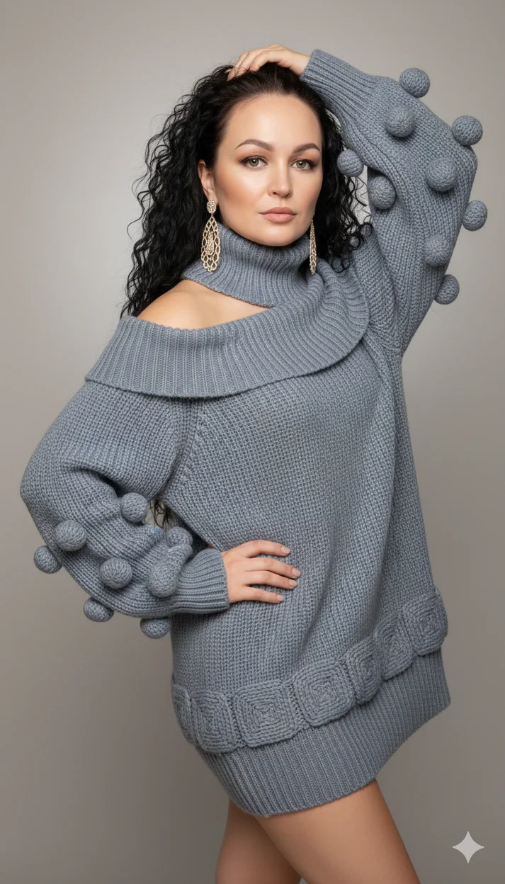 Девушка в серо-голубом вязаном свитере с открытыми плечами 