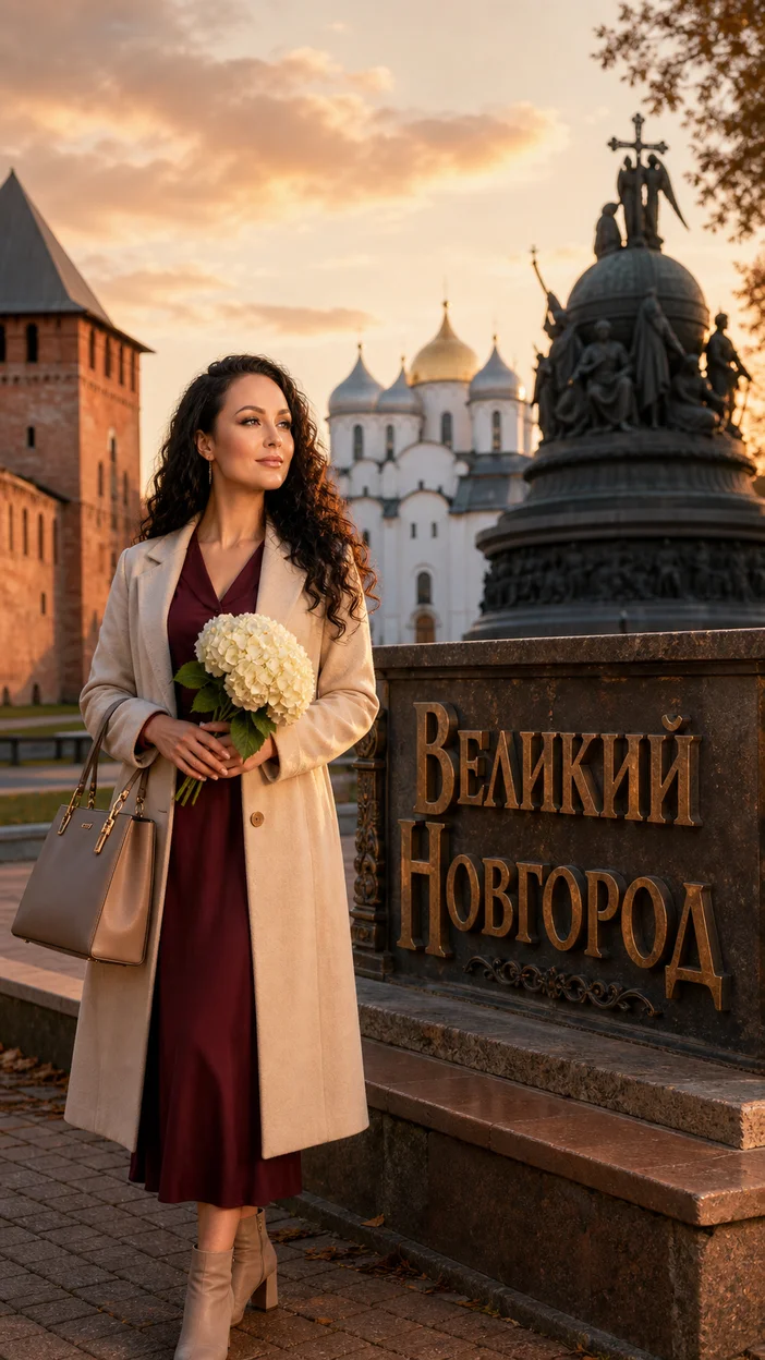 Фотосессия девушки в бордовом платье в Великом Новгороде