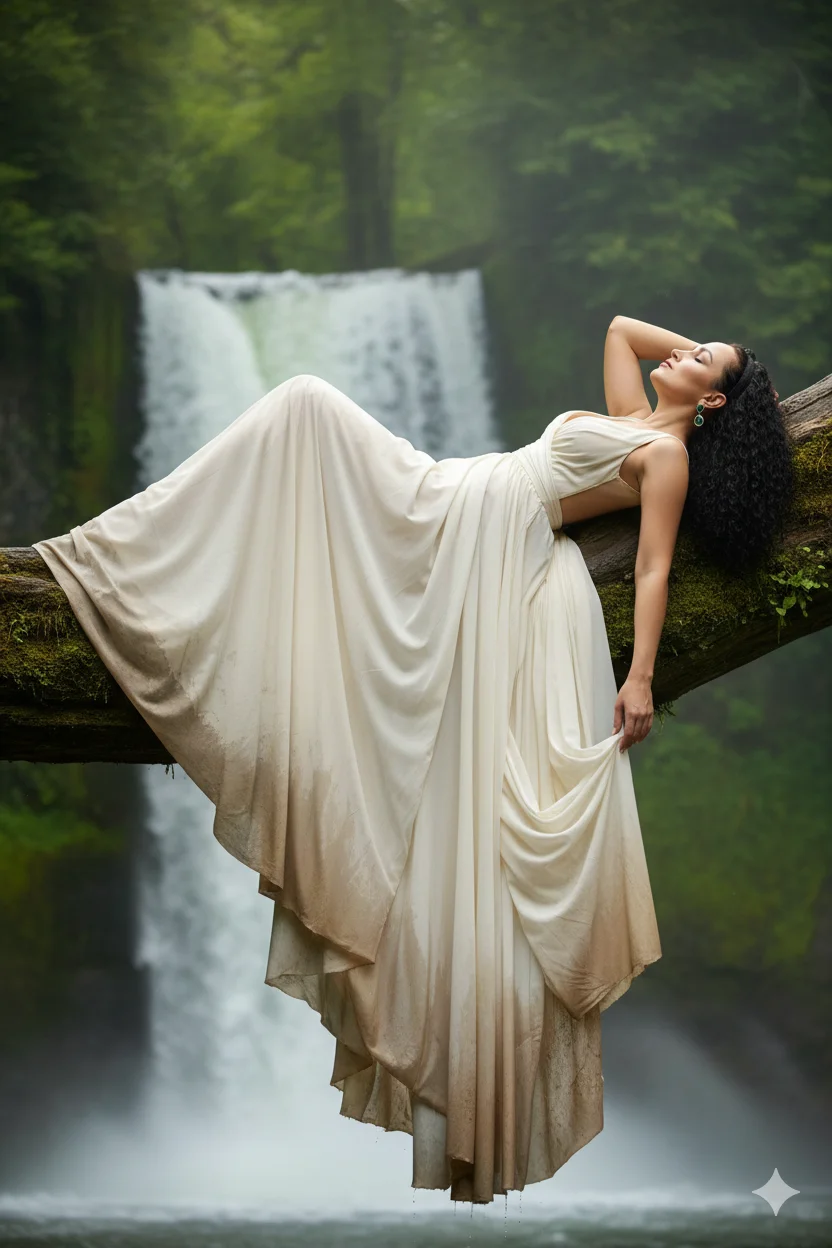 девушка лежит на бревне над водопадом в светлом струящемся платье