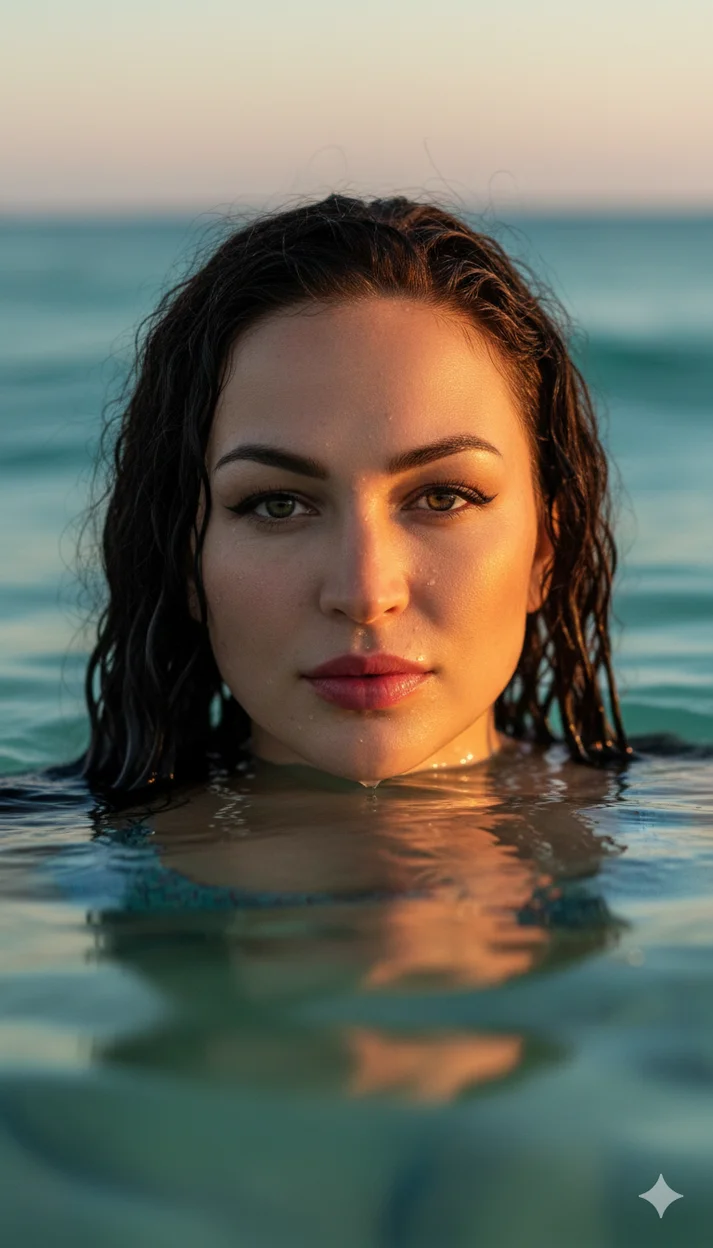 Крупный портрет девушки в воде на закате, лицо наполовину погружено, мокрые волосы и пронзительный взгляд