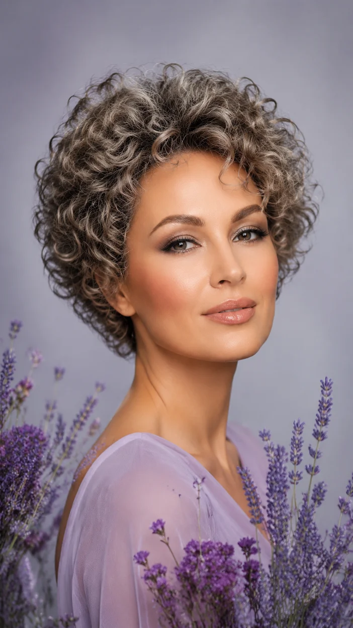 Фотосессия девушки с многослойной кудрявой стрижкой и лавандой