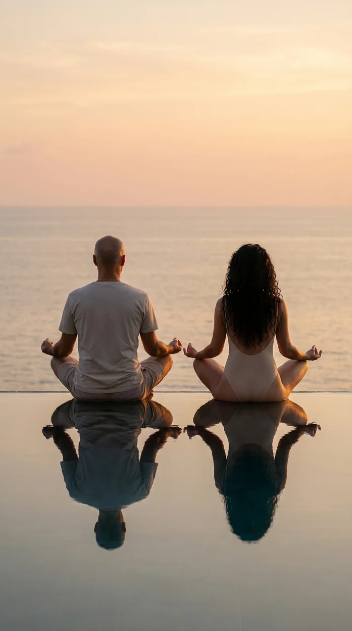 мужчина и женщина сидят в позе медитации в инфинити-бассейне на закате