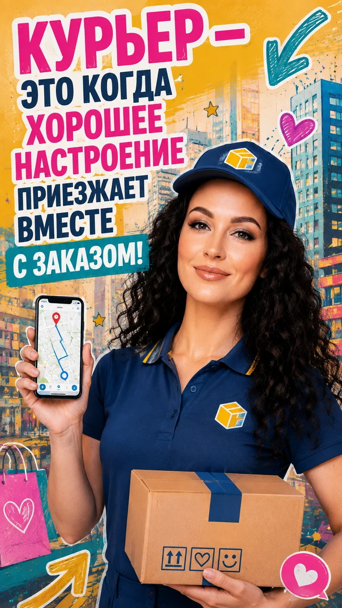 Фотооткрытка курьерше с пожеланием "КУРЬЕР — ЭТО КОГДА ХОРОШЕЕ НАСТРОЕНИЕ ПРИЕЗЖАЕТ ВМЕСТЕ С ЗАКАЗОМ!"