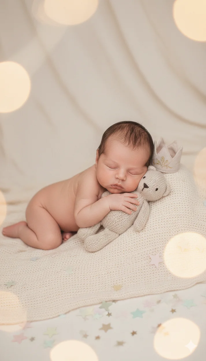  малыш лежит на животике, обнимает вязаного слонёнка