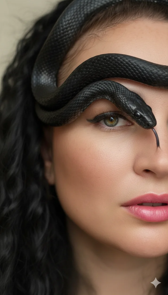 Крупный художественный портрет девушки с веснушками, по лицу которой скользит чёрная змея, взгляд гипнотический