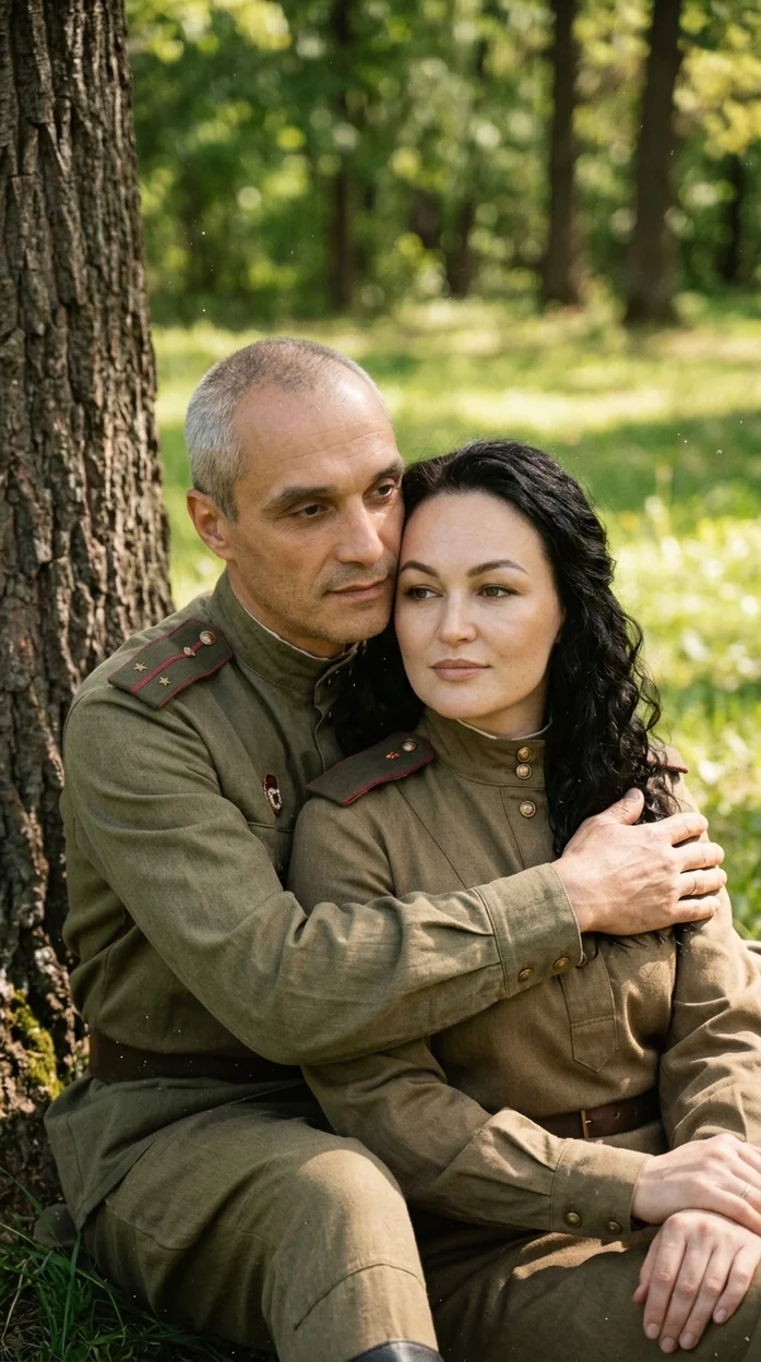 Парные фото на 9 мая - Фотореалистичная сцена в стиле ретро-фотографии времён Второй мировой войны