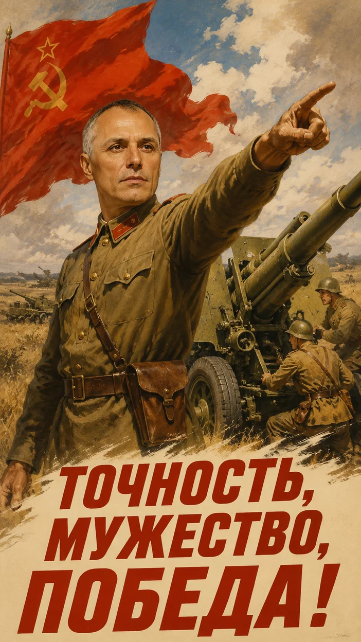 Фотосессия артиллериста у орудия на фоне поля
