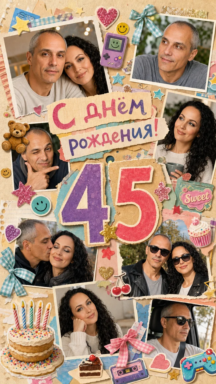 Фотооткрытка 45 лет  для друга с поздравлением "С днём рождения!"