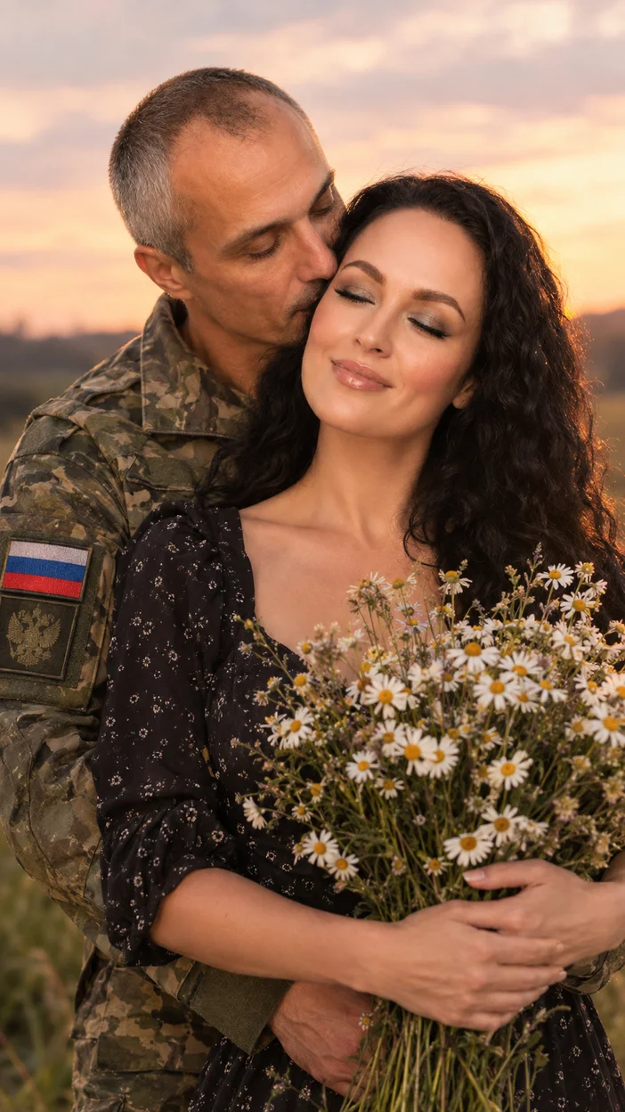 Фотосессия закатный романтик мужчина в российской военной форме обнимает женщину с букетом полевых ромашек