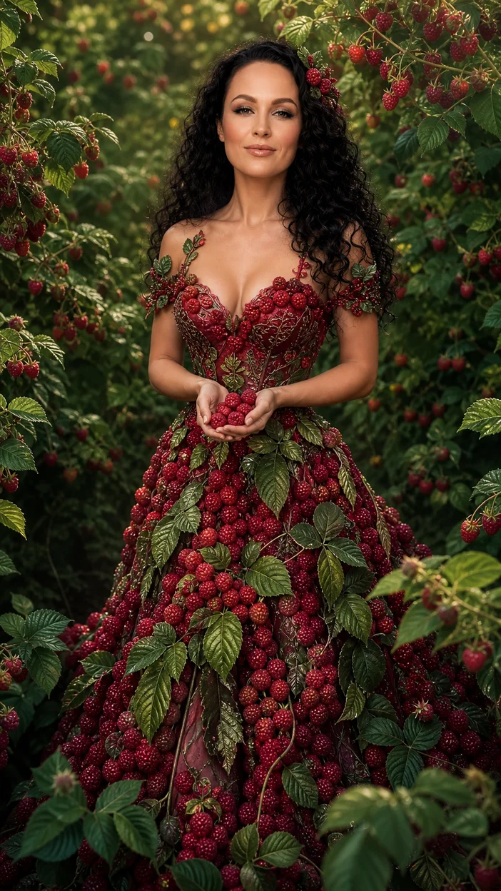 Фотосессия девушки в ягодном платье среди кустов малины