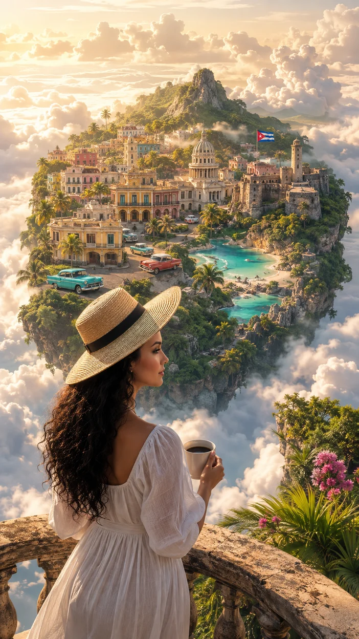 Фотосессия девушки в платье и шляпе над Кубой