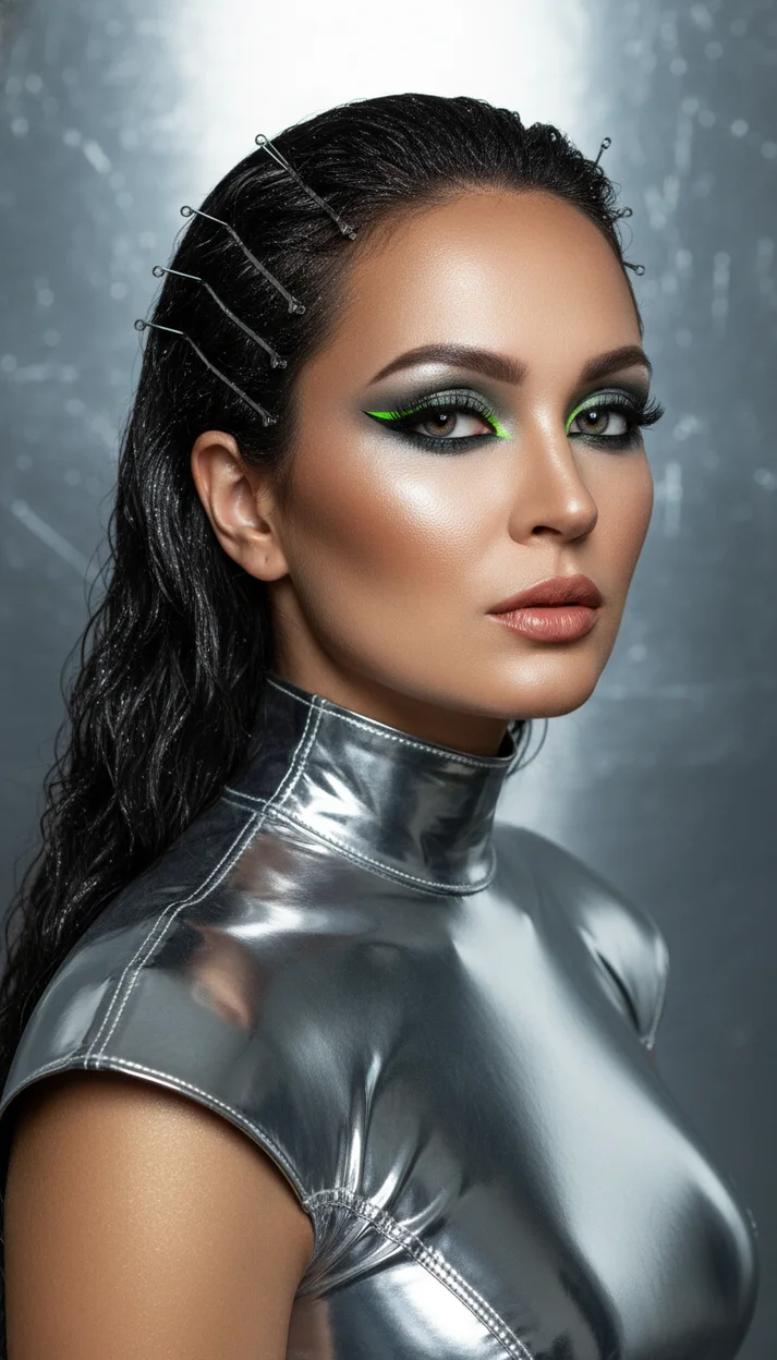  ФУТУРИСТИЧЕСКИЙ БЬЮТИ-ПОРТРЕТ С НЕОНОВЫМИ ЗЕЛЁНЫМИ СТРЕЛКАМИ