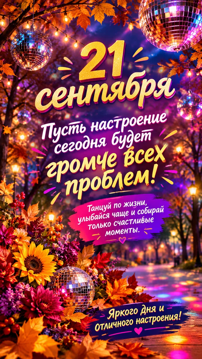 Фотосессия диско‑осень 21 сентября в парке с гирляндами, зеркальными шарами и золотыми листьями