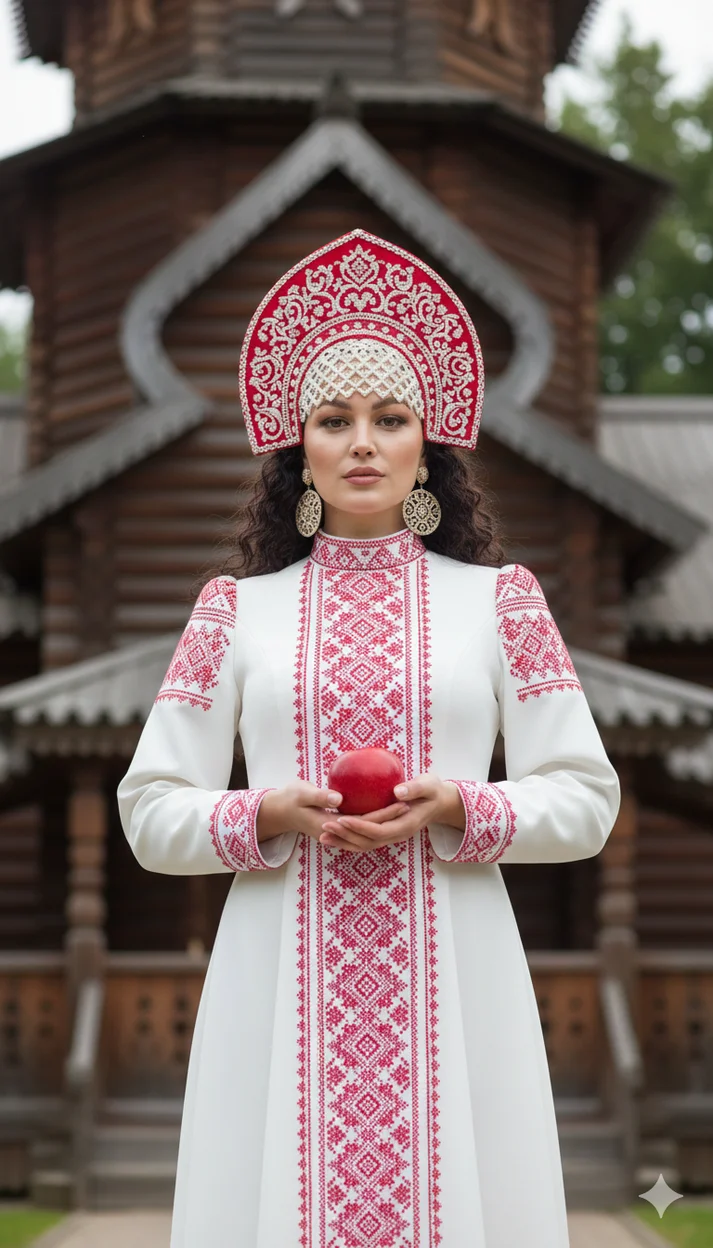 ИИ-фотосессия — Женщина у деревянного терема в бело-красном наряде с кокошником - Русский образ