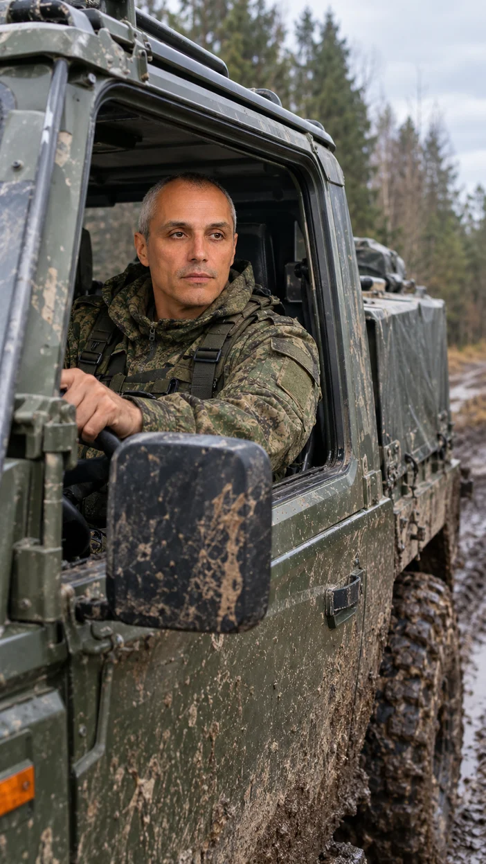 Фотосессия мужчина в современной российской военной форме в армейском вездеходе на лесной колее после дождя