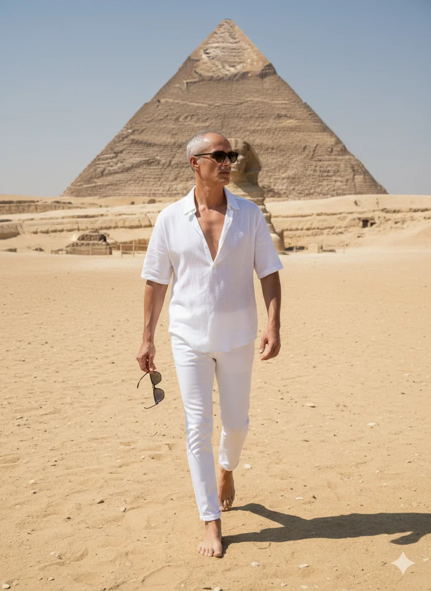 Мужчина в белом костюме у пирамиды и сфинкса