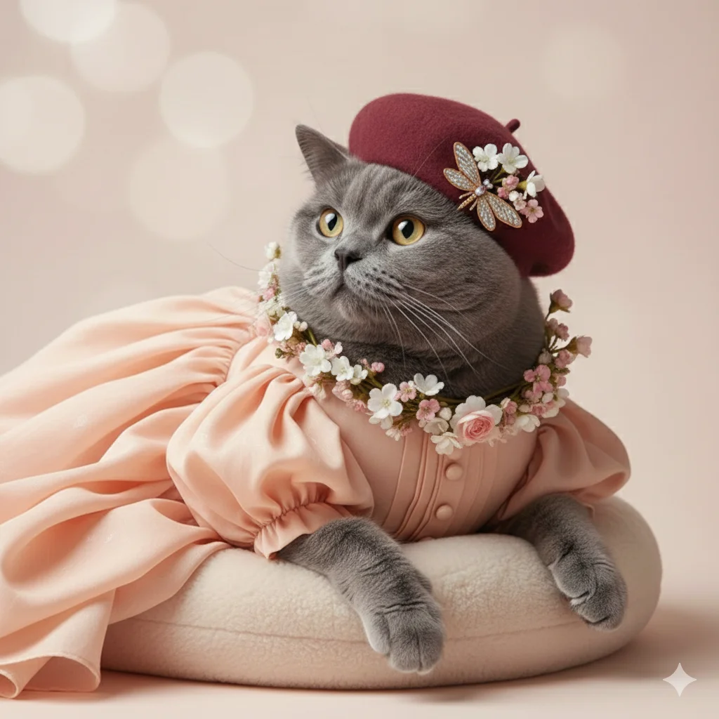 Животное в романтичном образе с беретом, цветочным декором и платьем, студийный портрет