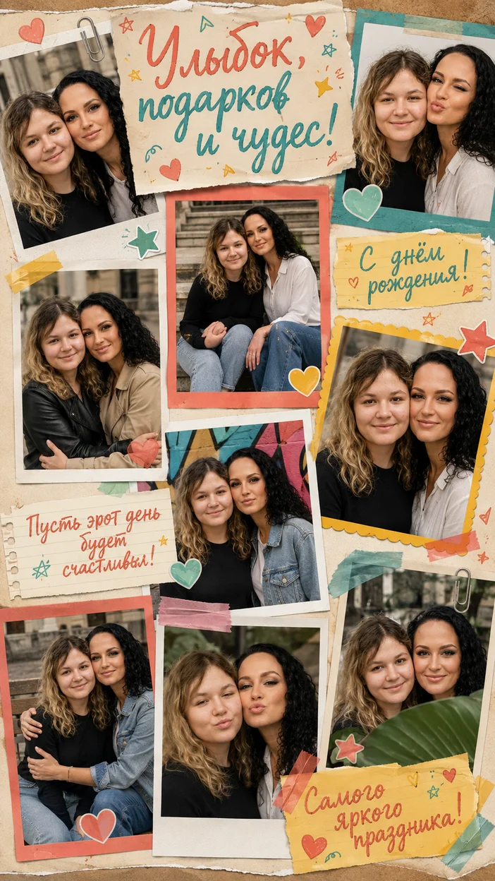 Фотооткрытка для подруги с пожеланием "Улыбок, подарков и чудес!"