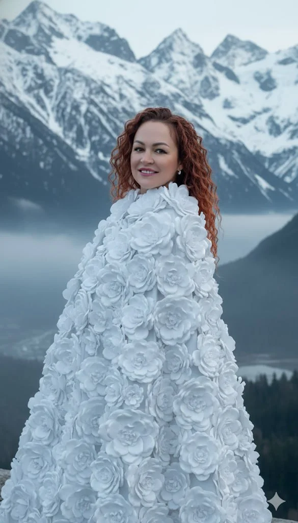 Цветочная скульптура на фоне гор