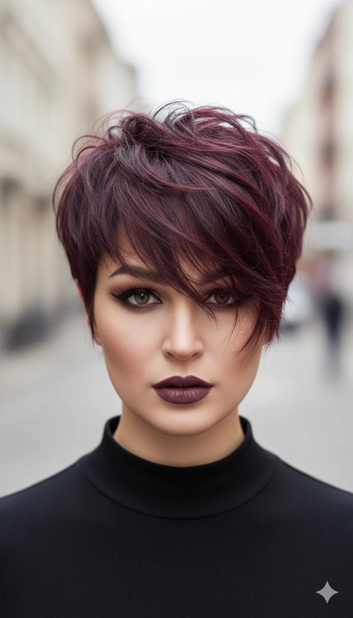 Текстурный бордовый пикси-шэг - замена прически онлайн 