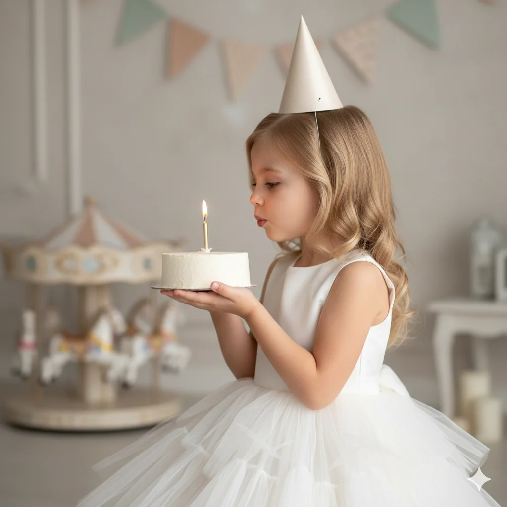 Девочка в праздничном интерьере в белом пышном платье держит торт со свечой