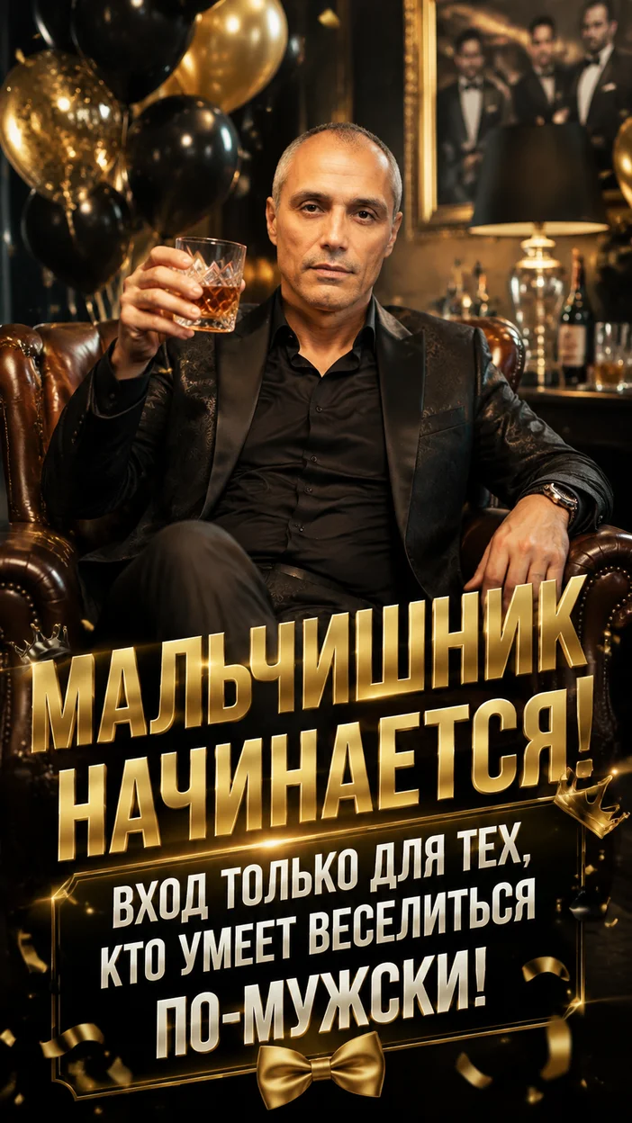 Фотооткрытка VIP с текстом «Мальчишник начинается! Вход только для тех, кто умеет веселиться по-мужски!»
