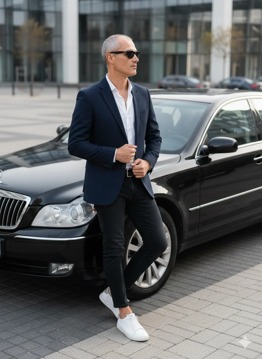 Мужчина у чёрного седана на городской площади в тёмном пиджаке