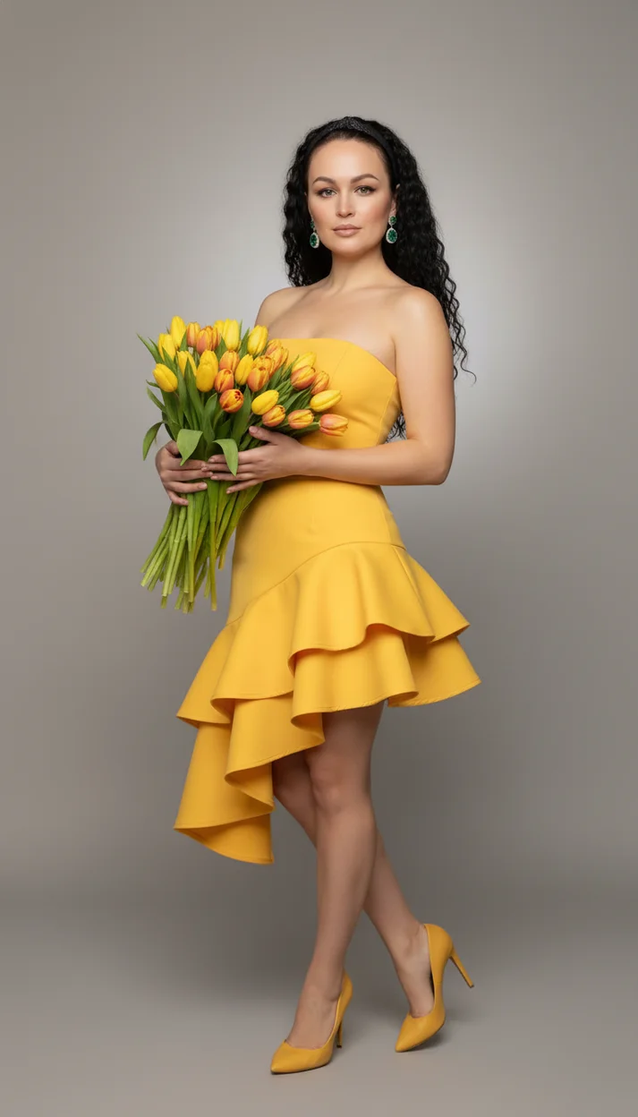  Женщина в студии в жёлтом костюме с тюльпанами в руках