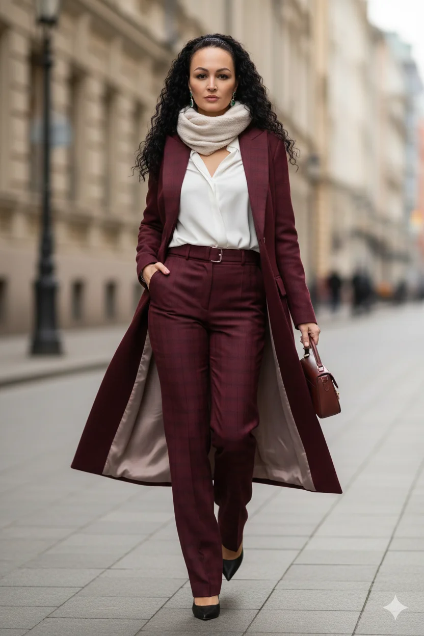 Динамичная городская fashion-съёмка: женщина идёт по улице в бордовом костюме с пальто и шарфом