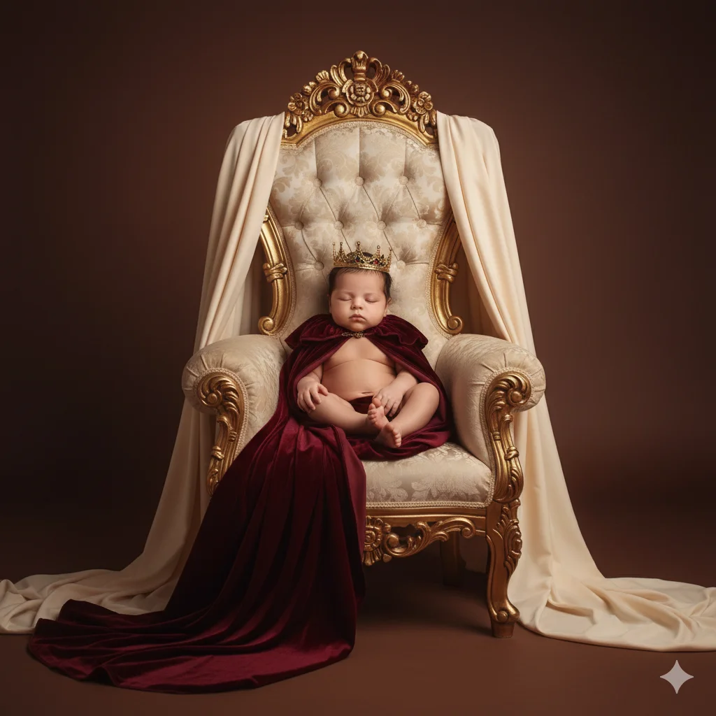 Малыш в короне и бордовом бархатном плаще сидит на троне