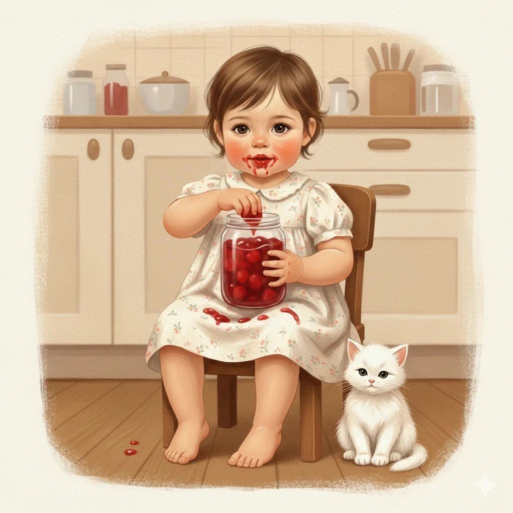 Малыш с банкой клубничного варенья и котёнком иллюстрация 