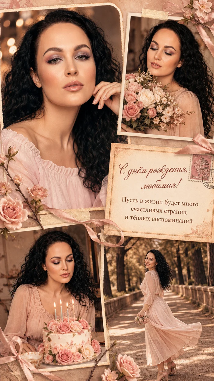 Фотосессия фотоколлаж с днём рождения жены в винтажном стиле