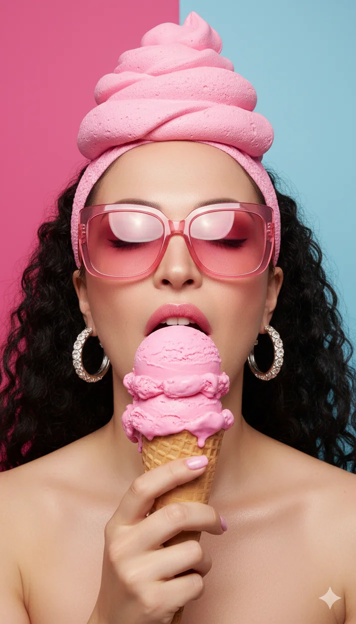 Девушка и рожок с розовым мороженым 