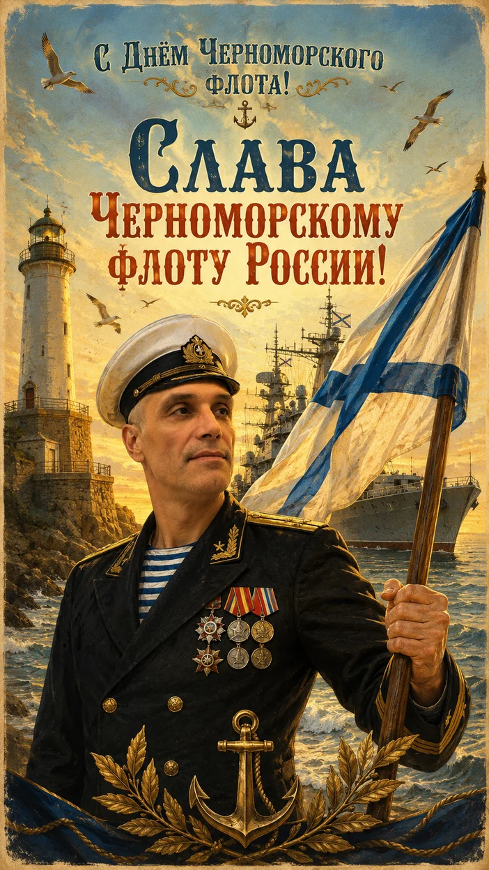 Фотосессия моряка у маяка — винтажная открытка Черноморского флота