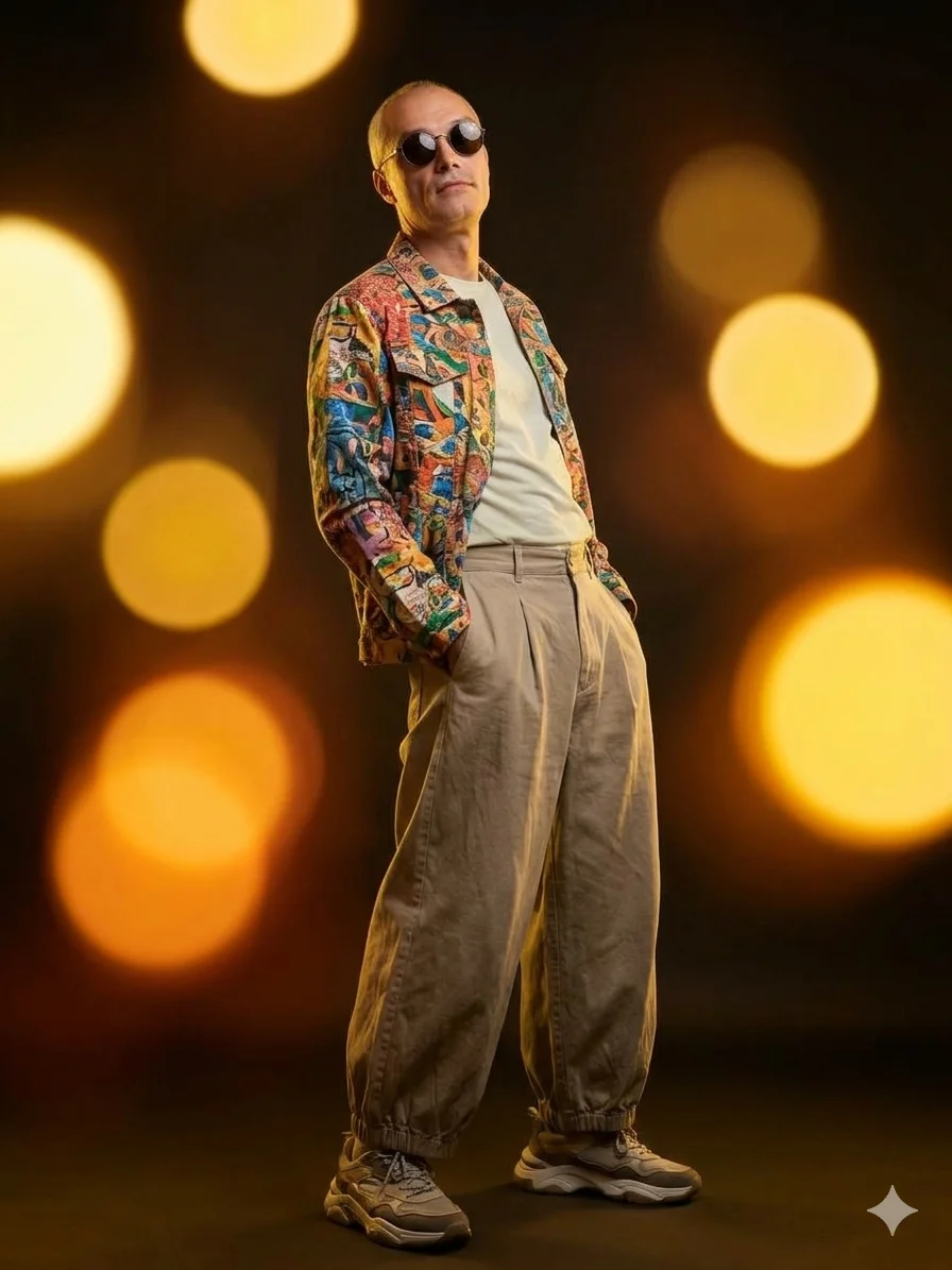 Мужчина в куртке с принтом и свободных брюках в студии