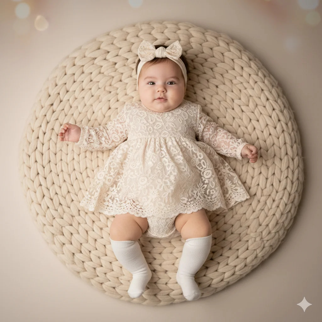 Малыш в белом кружевном платье лежит на вязаном пледе