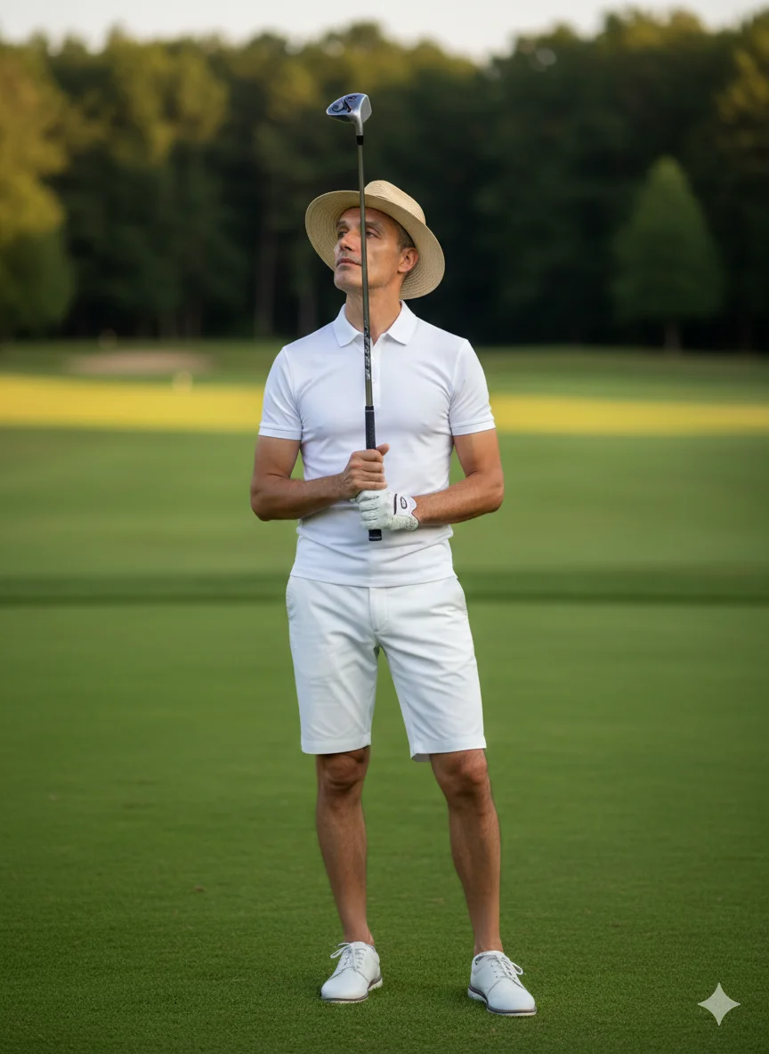 Мужчина в белом поло и соломенной шляпе держит клюшку на гольф-поле