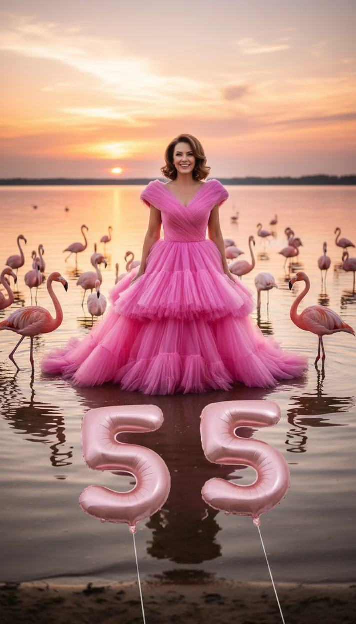  55 лет — фотосессия с фламинго на озере