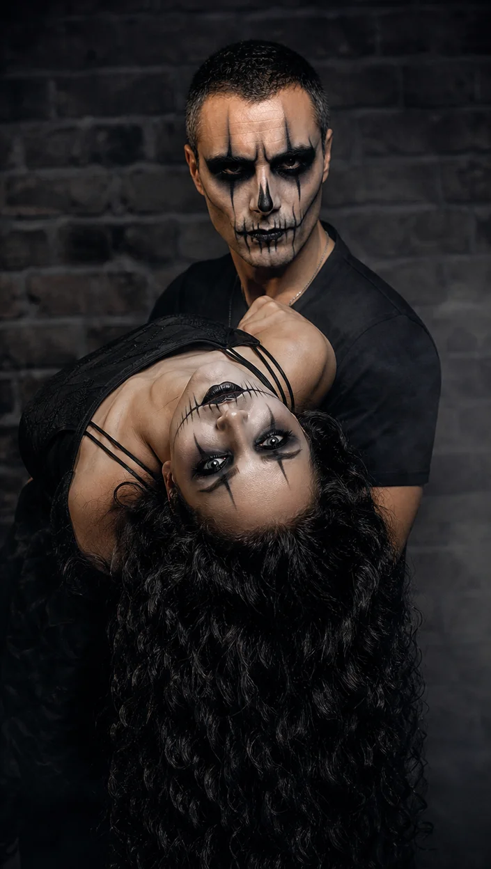 Фотосессия мрачной пары в перевёрнутой позе у кирпичной стены — fashion modern horror