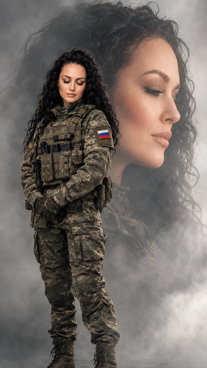 Фотосессия художественная двойная экспозиция — военнослужащая в русской форме с профильным портретом позади