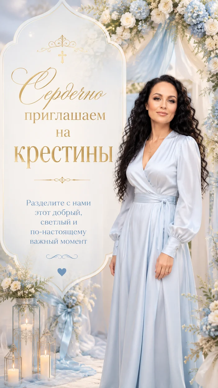 Фотооткрытка пригласительная с текстом «Сердечно приглашаем на крестины»