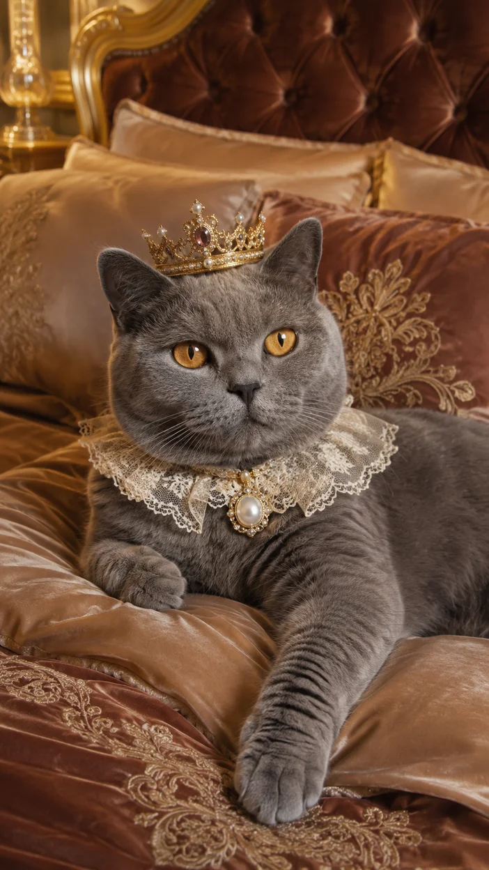 Фотосессия кошки на королевской кровати