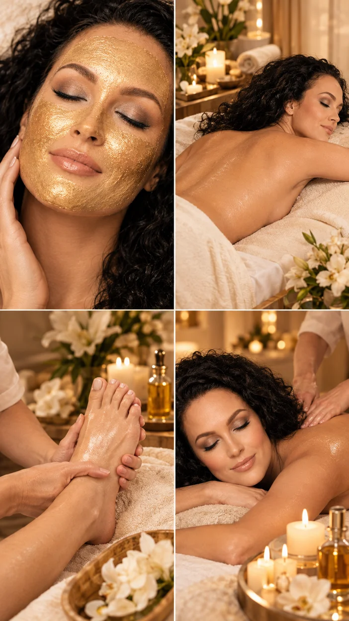 Фотосессия editorial-коллаж премиальных SPA-процедур: золотая маска, массаж, стопы и масло
