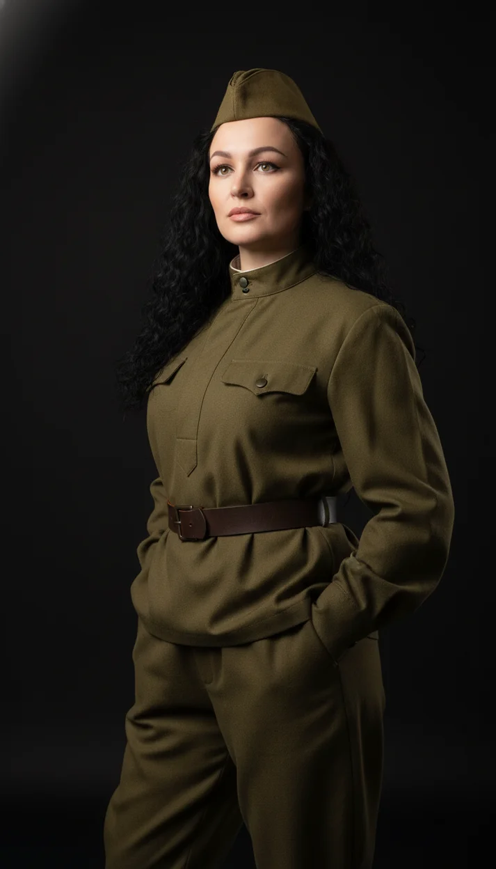  Женщина в военной форме на чёрном фоне